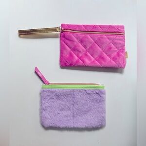Ipsy Cosmetic Bags Set of 2 Make-Up Bags Pink & Purple Fuzzy Zipper Pouch